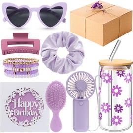 Zeyune 10 Pcs Birthday Gifts For Women Teen Girl Her Happy Birthday Gift Set Ideas for Friend Sister Daughter Coworkers Families Cute Daisy Aesthetic Glass Cups Present Set(Purple)