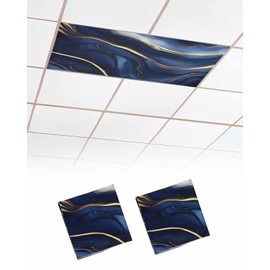 Magnetic Light Cover for Classroom Drop Ceiling,2 Pack 4x2 Ft Abstract Dark Blue Fluid Gold Line Art Texture Fluorescent Light Covers for Office Home Ceiling Light Lampshade