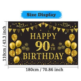 Trgowaul 90th Birthday Backdrop Gold and Black 5.9 X 3.6 Fts Happy Birthday Party Decorations Banner for Women Men Photography Supplies Background Happy Birthday Decoration