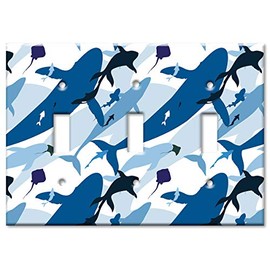 Art Plates - Triple Gang Toggle Switch Plate - Decorative Metal Wall Plate - Seamless Sharks - (Made in USA)
