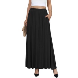 Yincro Womens Maxi Skirt Casual Flowy Elastic High Waist Long Skirts with Pockets (Black, L)