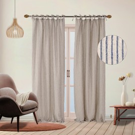 THE ART BOX Natural Linen Gauze Tie Top Sheer Semi Blackout Striped Curtains for Bedroom Filtering Hanging Substitute Windows Home Décor Curtain, Blue on Beige, 2 Panel Sets, (84"x42" inch Each)