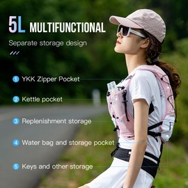 ICE FLAME - Mochila de hidratación multifuncional de 5 l para correr al aire última intervensión para teléfono de 6.8 pulgadas para entrenamiento de maratón, senderismo, senderos y caminatas (rosa)