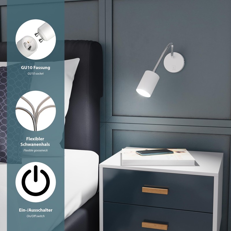 ledscom.de Waika Reading Lamp with Gooseneck and Switch Matte White