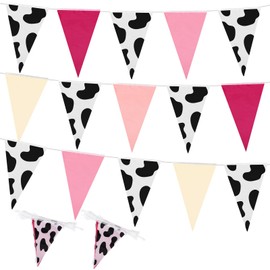 Hahafelt 4 Pcs 131 Ft Cow Party Decoration Cow Print Banner Flags Fabric DIY String Banner for Western Theme Decorations Cowboy Cowgirl Baby Shower Hanging Party Decor Indoor Outdoor(Pink)