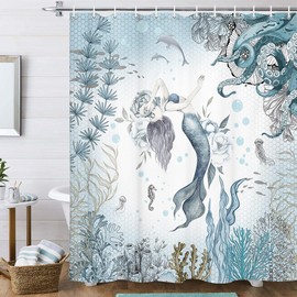 Mermaid Shower Curtain, Sea Ocean Octopus Coral Reef Fish Seashell Jellyfish Theme Waterproof Fabric Bathroom Curtains, Teal and Blue Sea Ocean Bathroom Shower Curtain with 12PCS Hooks, 36X70IN