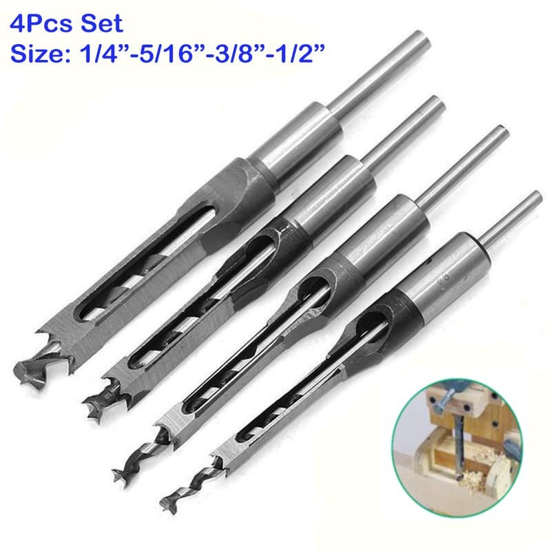4Pcs Wood Square Hole Mortise Chisel Drill Bit Set Tool
