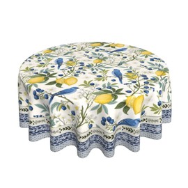 DAFENA Chinoiserie Round Tablecloth 70 Inch Vintage Blue Green Floral Bird Table Cloth Lemon Flower Summer Table Covers Polyester Indoor Outdoor Farmhouse Tablecloths for Kitchen Dining Party Picnic