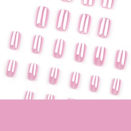 MouyouGlow Press on Nails Short, Square Nude Pink Chrome Sheer Hailey Bieber Glazed Doughnut Fake Nails Artificial Nails with Nail Glue, Pink Artificial Fingernails