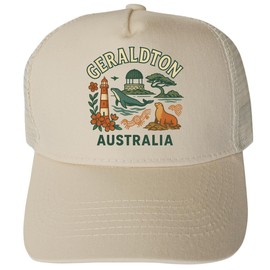 R and R Imports Geraldton Australia Keepsakes Cream Unisex Mesh Back Trucker Hat with Adjustable Snapback
