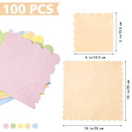 100 Pastel Rainbow Scalloped Cocktail Napkins, 3 Ply 5 x 5 Inch Beverage Napkins Paper Napkins Disposable Luncheon Napkins for Wedding Birthday Party Bridal Anniversary Baby Shower