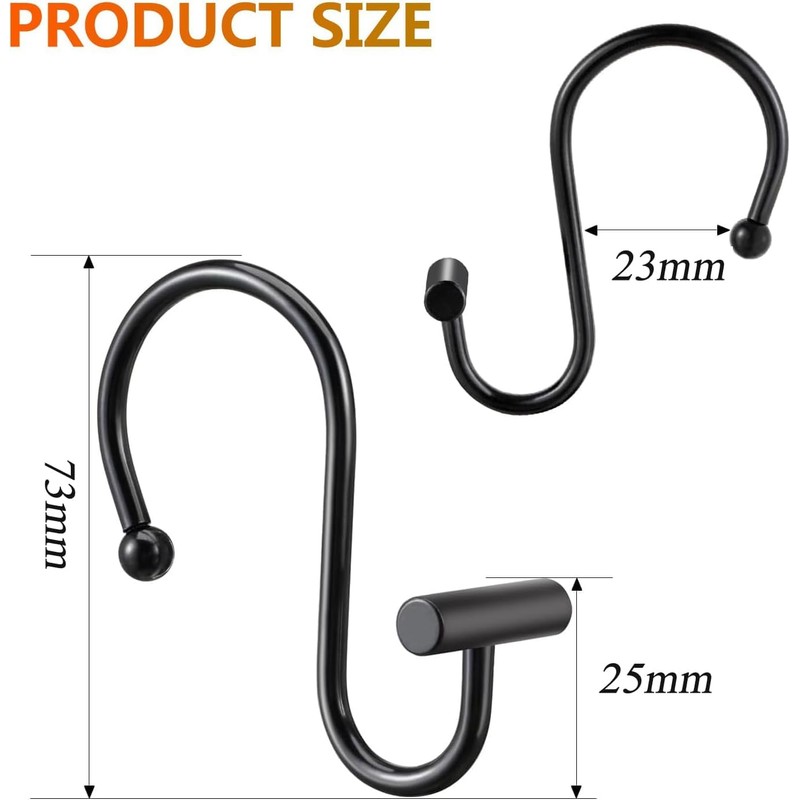 12 Pack Shower Curtain Hooks,Black Shower Curtain Hooks, Metal Durable