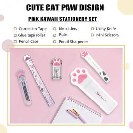 BITOSEE 9Pcs Cute School Supplies, Cute Stationery,Valentines Day Gifts,Includs Pencil Sharpener,Eraser, Correction Tape,Sticky Notes, Ruler, Scissors,Utility Knife, for Cute Office Supplies
