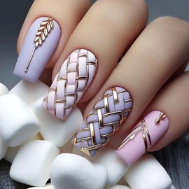 ANDGING Square Press on Nails Medium Long Purple Pink Fake Nails for Women Fake Nails with Barley Geometric Lattice Designs Acrylic stick on nail for Wedding Full Cover Manicure Gel False Nails