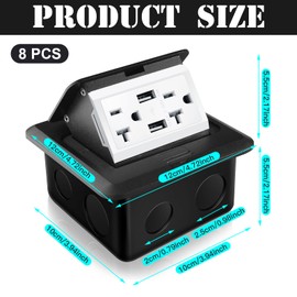 Hoolerry 8 Pack Pop up Floor Electrical Outlet Cover Box Kit with 4.8A USB Charger 20Amp Waterproof Weatherproof Floor Tamper Resistant Outlet Receptacle for Countertop Home (Black)