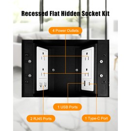 Recessed Flat Hidden Socket Kit with 4 * 15A AC Receptacle, 1 USB-A Ports & 1 USB-C Port+2-Port RJ45 Datacom Receptacle, Recessed Floor Outlet Kit with Cover Plate Corrosive Resistant Metal Hardware