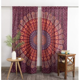 Popular Handicrafts Indian Hippie Bohemian Beautiful Peacock Mandala Window Curtain Panels Maroon
