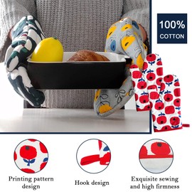 Maeau Pot Holder, Pot Holder, Mittens, Heat Resistant, Kitchen Gloves, Cotton, Oven Mitt, Burn-Prevention, Anti-Slip, Kitchen Utensils, Heat Resistant Mittens, Stylish, Unisex, Durable, Set of 4, Red 2
