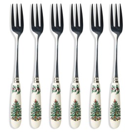 Spode Christmas Tree Collection Pastry Forks, Set of 6, Stainless Steel Fork, Porcelain Handle, 6-Inch Salad, Spaghetti, Appetizer, and Dessert Fork, Holiday Silverware