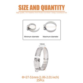 Keadic 25Pcs Adjustable Fuel Line Clips Worm Gear Hose Clamp Assortment Kit for Various Pipes Automotive Mechanical Use - 304 Stainless Steel (27-51mm)