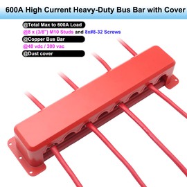 Gloaso Bus Bar Copper 12V-48V DC /300V AC 600A Large Busbar with 8 X 3/8"(M10) Posts Terminals Power Distribution Block, Heavy Duty Module Battery Buss Bar Powerbar with Cover, Flame-Retardant, Red
