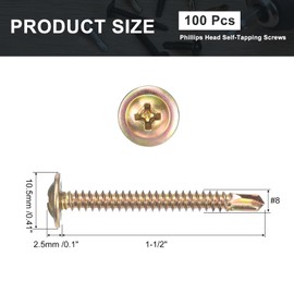 sourcing map 100Pcs #8x1-1/2" Phillips Head Self Tapping Screws, Carbon Steel Self Drilling Flat Head High-Strength Quick Tapping Screws Wood Screw for Wood, Metal, Plastic, Color Zinc