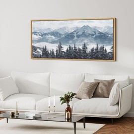 MUDECOR Extra Large Framed Canvas Print Wall Art Majestic Mountain Peaks and Snowy Forest Winter Wonderland Landscape Fine Art Illustrations Decorative Colorful Multicolor for Bedroom - 60"x30"