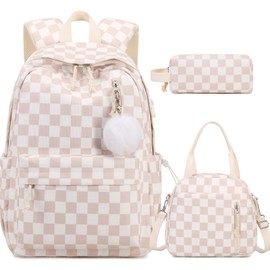 ACESAK Backpack for Girls - Corduroy Girls Backpack with Lunch Bag & Pencil Pouch for Teen Kids Laptop Backpack for Women, Middle High School Bookbag Travel Daypack (Beige Chessboard)