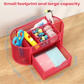 Chumix Desk Organiser, Office Organiser with Drawer and Pen Holder, Non-Slip Mesh Metal Desk Organiser, Space Saving, Para, Home, School, Office (Rose Red)