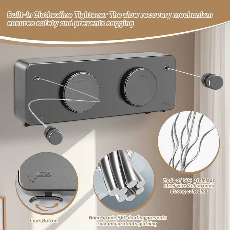 Retractable Clothesline Indoor, Non-Sagging Twin Clothes Line Outdoor,Heavy Duty Clothes