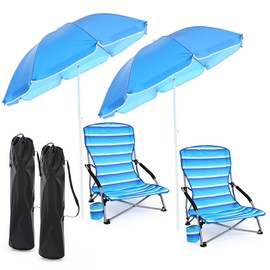 Huwena 2 Pack Beach Chairs with Umbrella for Adults, Low Folding Chair Set, Adjustable Detachable Umbrella, Lightweight Portable with Cup Holder & Carry Bag, for Beach Camping Travel(Yellow Green)