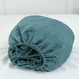 S VICTORY SYMBOL 100% Linen 1 Fitted Sheet Only,Mattress Cover 1 piece-16inch Deep Pocket King Size,Stone Washed Natural French Flax,Mineral Blue