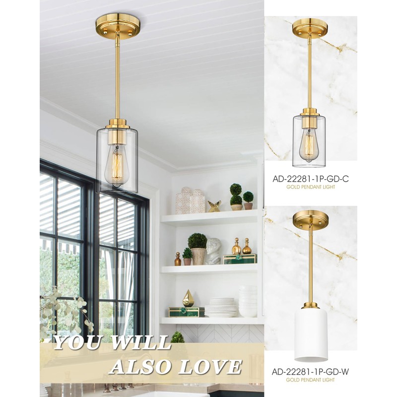 Audickic Brass Pendant Lights Kitchen Island 2 Pack, Farmhouse Gold