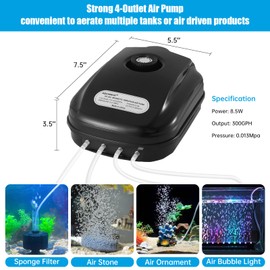 AQUANEAT Aquarium Air Pump 300GPH, for up to 200 Gallon Fish Tank, Powerful Hydroponic Aerator Pump with Tubing, Air Stones, Valves