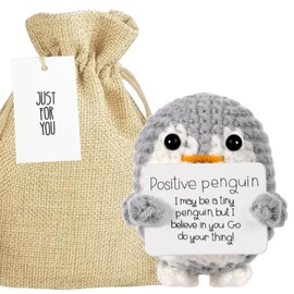 Positive Penguin Crochet Emotional Support Gift & Linen Gift Bag | Cute Positive Gifts, Pocket Hug | Inspirational Gifts For Women, Men, Friends, Work Colleagues | Good Luck, Mental Health