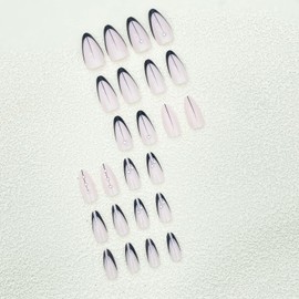 Black French Tip Press on Nails Medium Length Fake Nails with Swirl and Rhinestones Designs Glossy Acrylic Artificial Nails for Women Gifts Reusable Full Cover Gel Nails-24PCS