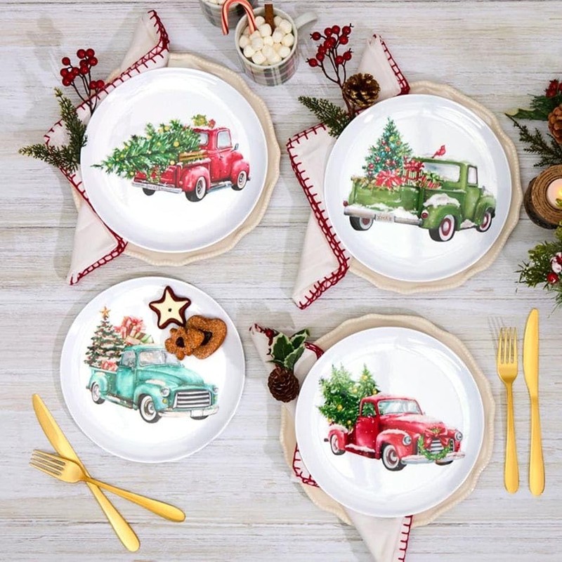 Set of 4 Festive Holiday Truck Melamine Plates