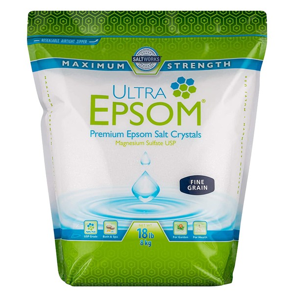 SaltWorks Ultra Epsom Bath Salt, Fine Grain, Unscented, 18 Pound Bag