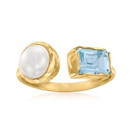 Ross-Simons 8-8.5mm Cultured Pearl and 1.70 Carat Sky Blue Topaz Toi Et Moi Ring in 18kt Gold Over Sterling. Size 5