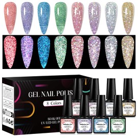 Four Lily Reflective Glitter Gel Polish Set, 8 Colors Gel Nail Polish Set Nails Gel Blue Pink Purple Gold Soak Off Uv Led Gel Nail Polish Kit Nail Gift for Her