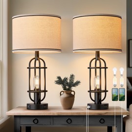 Reaketon Black Table Lamps for Living Room Set of 2, 22.3" Farmhouse Lamps for Nightstand, Industrial Table Lamps for Bedroom with USB Ports, Bulbs Included