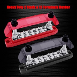 Ampper Power & Ground Distribution Block Bus Bar, 2 x 3/8" (M10) Studs, 12 x #8 (M4) Terminal Screws, 6.3" 12V 300A Battery BusBar with Cover for Auto, Boat and Solar (Red & Black)