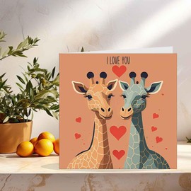 Purple Fox Giraffe Anniversary Card - I Love You - Cute boyfriend Girlfriend Wife Husband