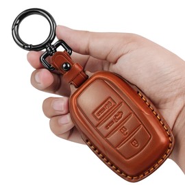 Tukellen for Toyota Key Fob Cover Leather,with Keychain compatible with 2019-2024 Land Cruiser,2021-2024 Venza, Grand Highlander Hilux,Fortuner,2022-2024 Tundra,Corolla Cross,Prius 4 Buttons-Brown
