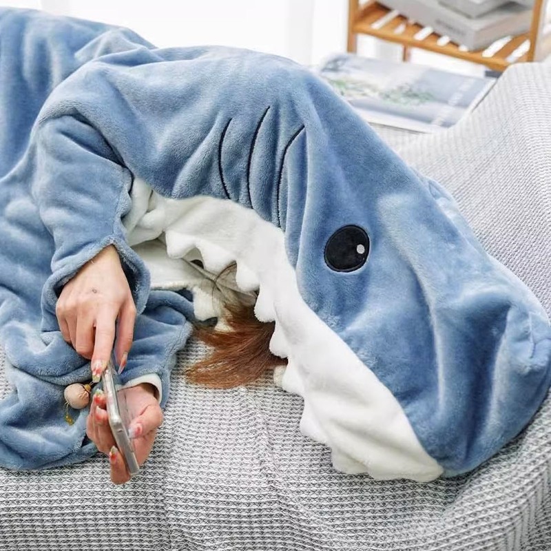 Wearable Shark Sleeping Bag Soft Cozy Flannel Hooded Blanket for