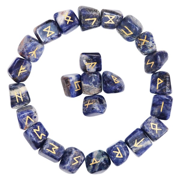 Crocon Sodalite Rune Stones Set Engraved with Elder futhark Crystal Runes Set, Reiki Healing runas for Meditation Chakra Balancing, Rune Stone for Beginners with Crystal Guide & Pouch |20-25 mm