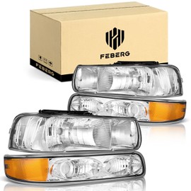 FEBERG [OE Style Anti-Yellowing Headlights for 99-02 Chevy Silverado 1500 2500;for 01-02 Silverado 1500HD/2500HD/3500HD etc Headlights+Bumper Parking Turn Signal Marker Light 4PCS