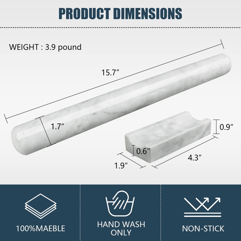 HESHIBI Marble Rolling Pin with Stand, 15.7" White Stone French