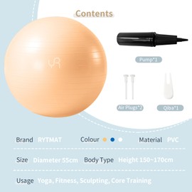 RYTMAT Gymnastics Ball Anti-Burst 55 cm Pilates Ball Extra Thick Non-Slip Pezziball for Yoga Pilates Balance Core Training with Inhalation Tube