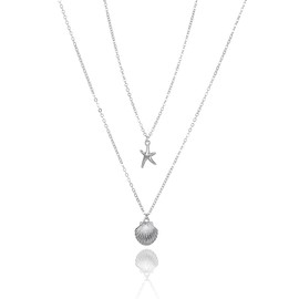 Tgirls Boho Starfish Layered Necklace Shell Pendant Necklace Silver Necklaces Chain for Women (Silver)